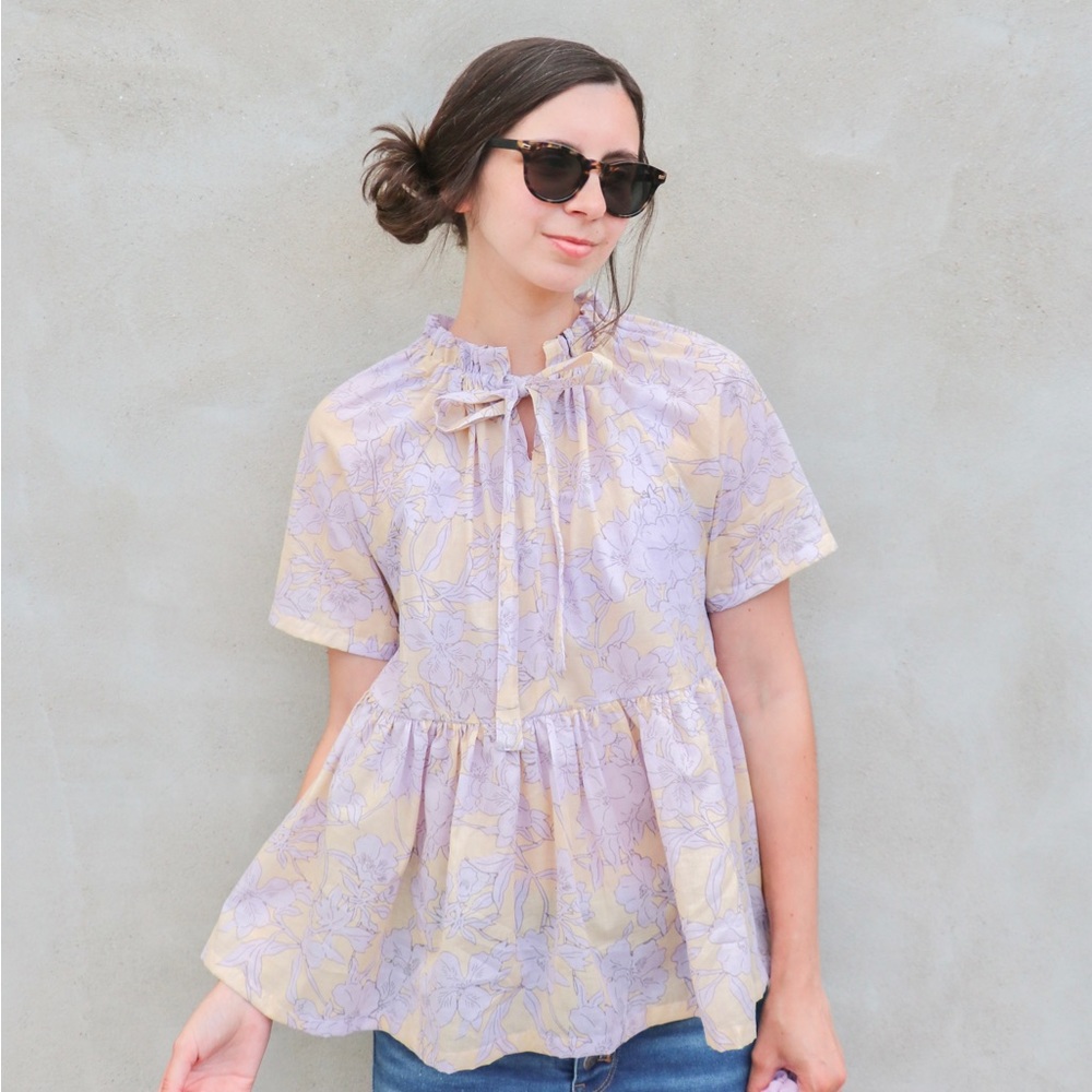 Purple floral tie blouse, xs